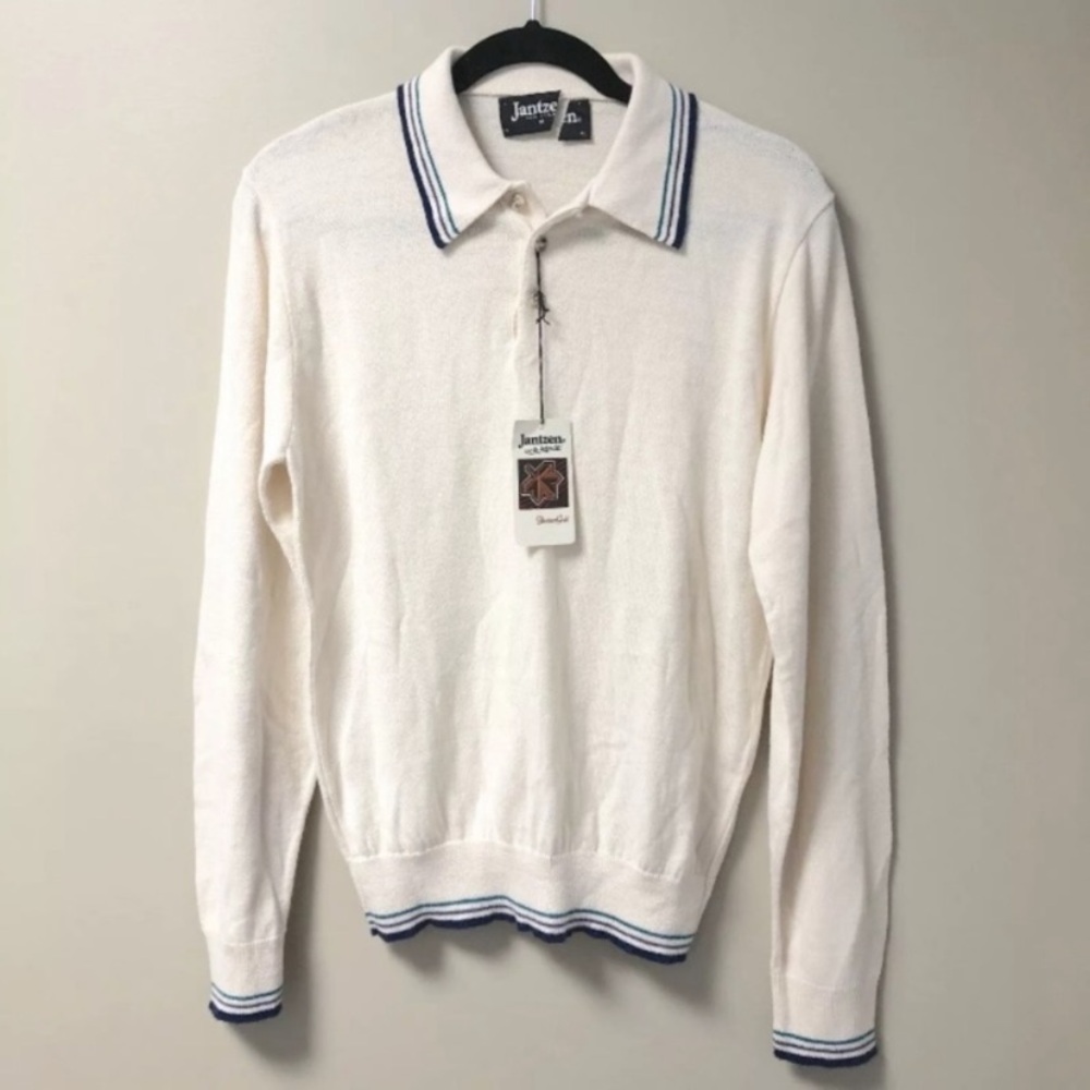 VTG Jantzen Womens Sweater Size M Polo Long Sleeve Collared Acrylic Ivory NWT